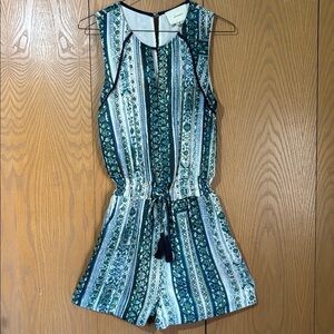 elevenses Anthropologie floral romper boho tassels green and white XS